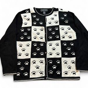Vintage kitty cat paw‎ cardigan black white sweater size small